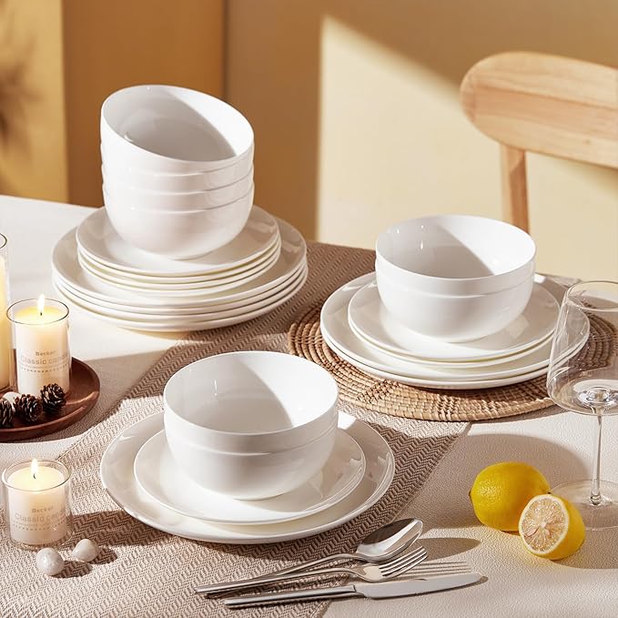 KINGSTONE 6-Piece Bone China Dinnerware Set for 2, Lightweight and Durable, Microwave and Dishwasher Safe, White Plates and Bowls for Everyday Use