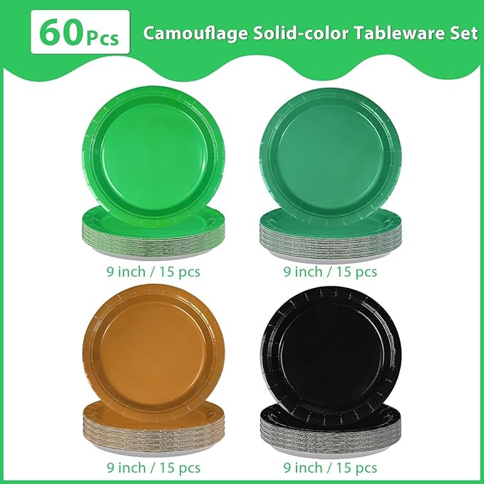 60Pcs Green and Brown Plates 9” Green Black Party Paper Plates Hunting Theme Birthday Platters Disposable Tableware for Camo Army Hunting Theme Party Decorations