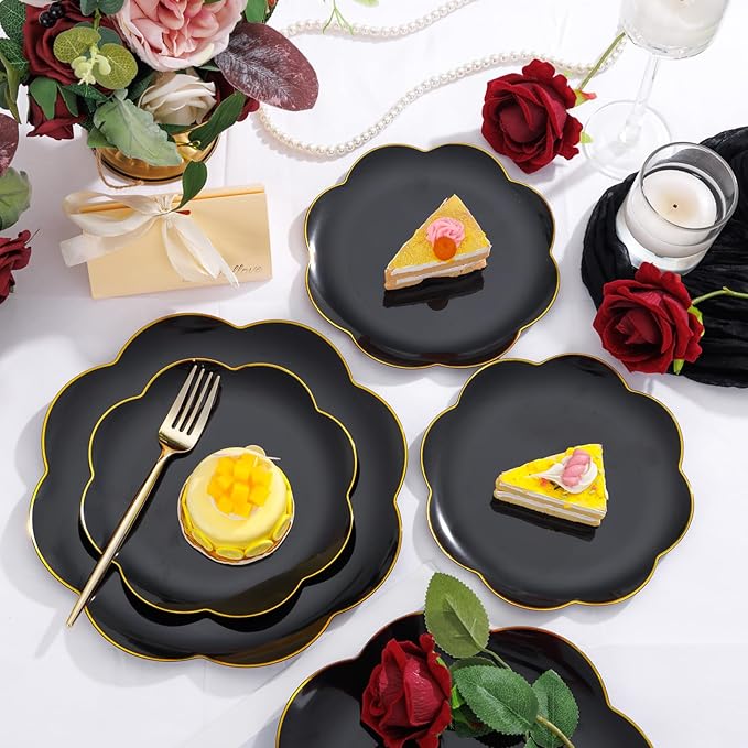 EI 180pcs Black Plastic Plates with Gold Plastic Silverware,Black and Gold Plates Disposable,Heavy Duty Plate for Party,Wedding,Anniversary,Spring Afternoon Tea Business Event