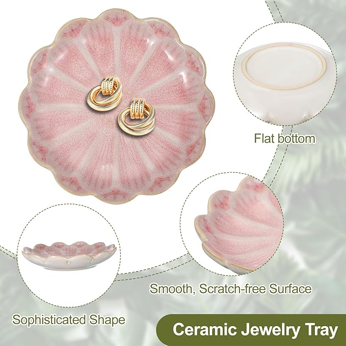 uxcell 2Pcs Ceramics Jewelry Plate, Sunflower Shape Key Holder Bowl for Entryway Table Decor Small Ring Tray Dish Gift for Women Girlfriend, Pink