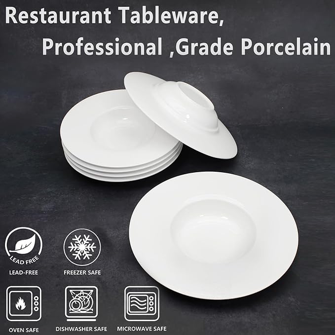 Ceramic Wide Rimmed Soup Plate, Soup Bowl 8 oz, Pasta Bowl Set of 4, White Shallow Bowl Plate with Rim, Best choice for high-end restaurants, hotels, and foodies, 9.6 Inch