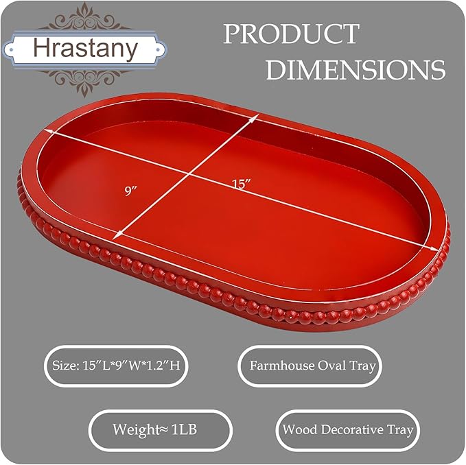 Red Oval Wood Decorative Ottoman Tray for Coffee Table Kitchen Counter, Living Room, Handcrafted Wooden Serving Tray for Table Centerpiece