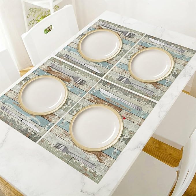 Vintage Farmhouse Placemat Set, Green Blue Rustic Wooden Plank Art Sketch Cutlery Knife Fork Inspirational Quotes Pattern Home Decor Linen Table Mats for Dining Room Kitchen Party (17x12in) x4P