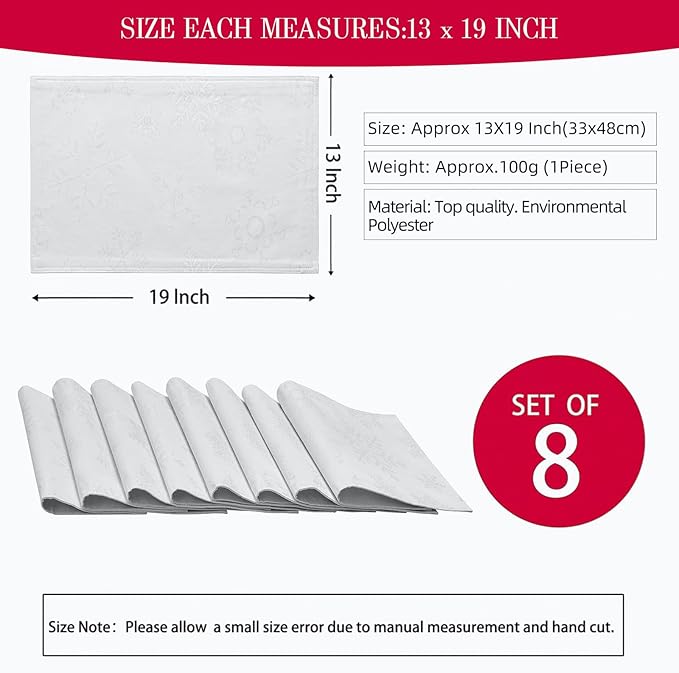 Cloth Place Mats Set of 8–Reusable Rectangular Waterproof Fabric Polyester Washable Wipeable Heat Resistant Jacquard Sparkling Metallic Snowflake for Kitchen Table(White Silver/13x19 Inch)