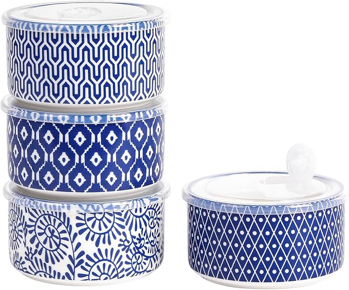 Selamica Ceramic Bowls with Lids,14 OZ Small Serving Bowls with Lids for Lunch Picnic Microwave Safe, 5 Inch Kitchen Food Storage Bowls Set of 4 for Prep, Salad, Pasta, Cereal, Vintage Blue