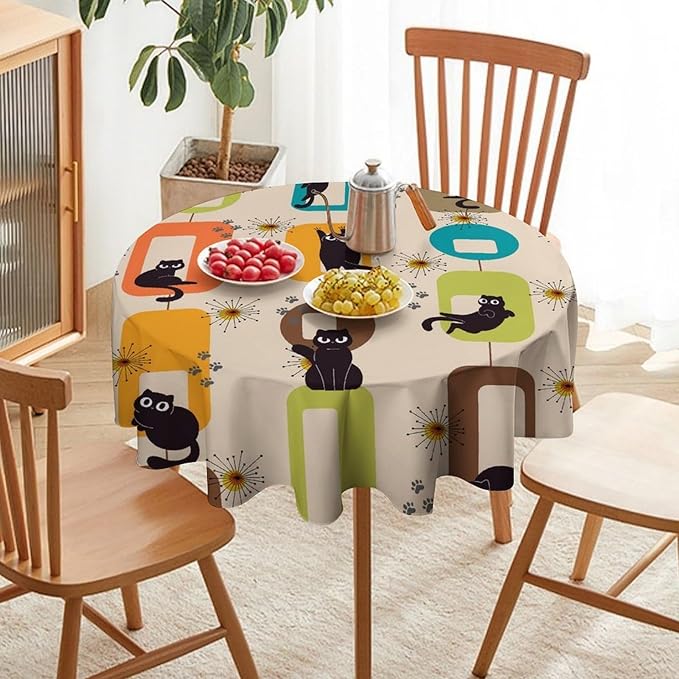 Bohemian Black Cat Round Tablecloth, Rustic Vintage Mid Century Geometric Tablecloth for Home Party Dining Room Kitchen Decor 60Inch(152cm)