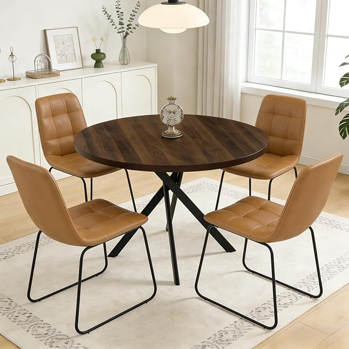 44" Round Dining Table with Cozy Chair Set for 4, Modern Mid-Century Dining Table Set of 4, Dinette Sets with Metal Leg for Kitchen Dining Room Apartment(Walnut Table + Brown Chairs)