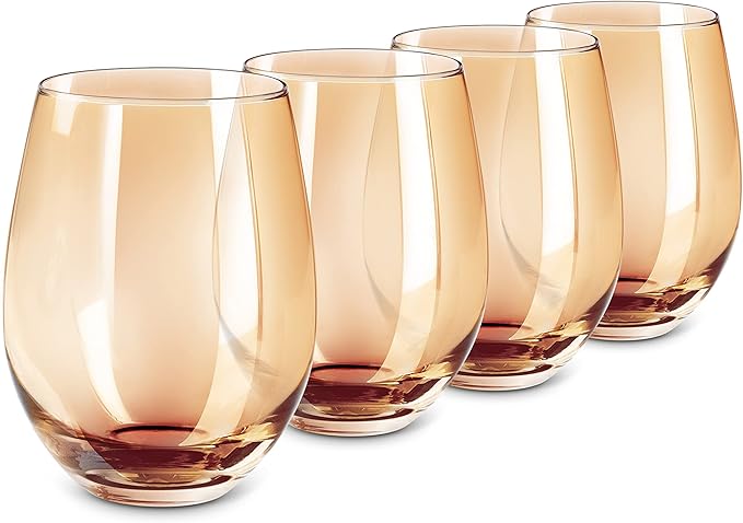 LUXU Amber Stemless Wine Glass(Set of 4)-20 Ounces,Colored Water Juice Drinking Glasses,All-Purpose Glass Wine Tumblers,No Stem Glass Beverage Cups,Perfect for Home,Bar,Restaurants and Parties