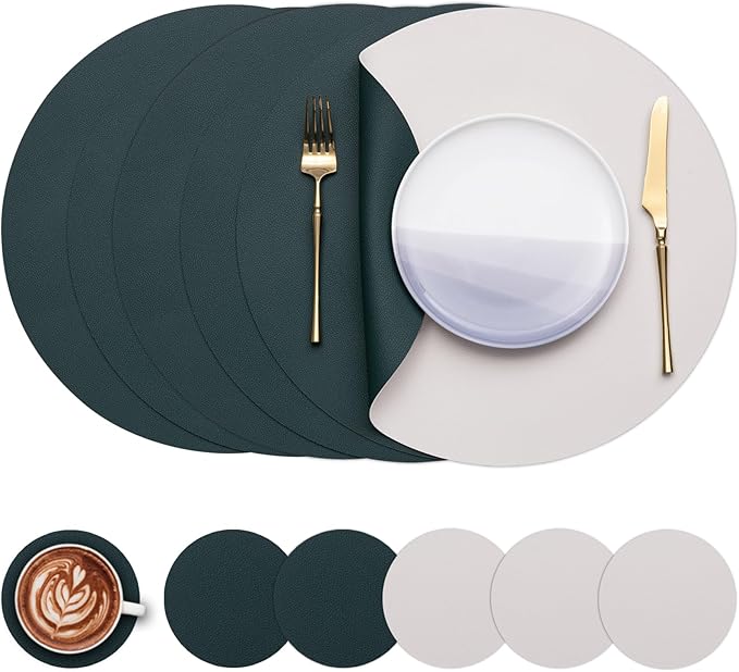 Myir JUN Round Placemats Set of 6 Faux Leather Place Mats and Coasters 15 inch Round Table Mats Dual Sided Non-Slip Stain Resistant Placemats (Beige & Green, Set of 6)