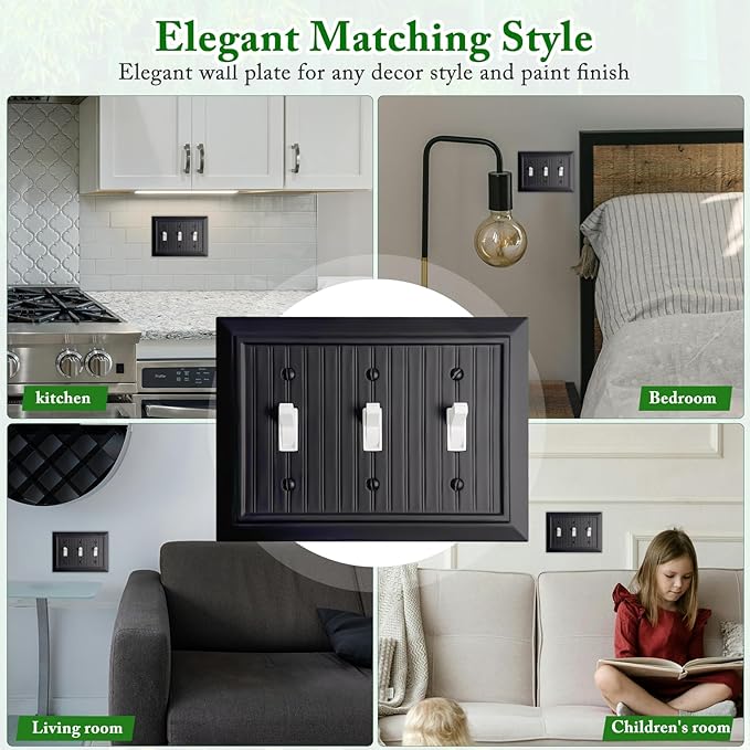Beadboard Outlet Covers Wall Plates, Bamboo Fiber Light Switch Covers, Natural Material Electric Receptacle Decorative Switch Plate Outlet Cover Matte Black (3 Gang Toggle 1 Pack)