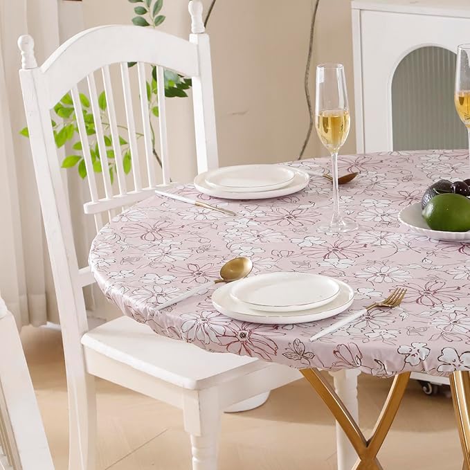 Walrus Round Vinyl Fitted Tablecloth with Flannel Backing Elastic Edge Design Table Cover Waterproof Oil-Proof PVC Table Cloth Stain-Resistant Best for 57"-66" Round