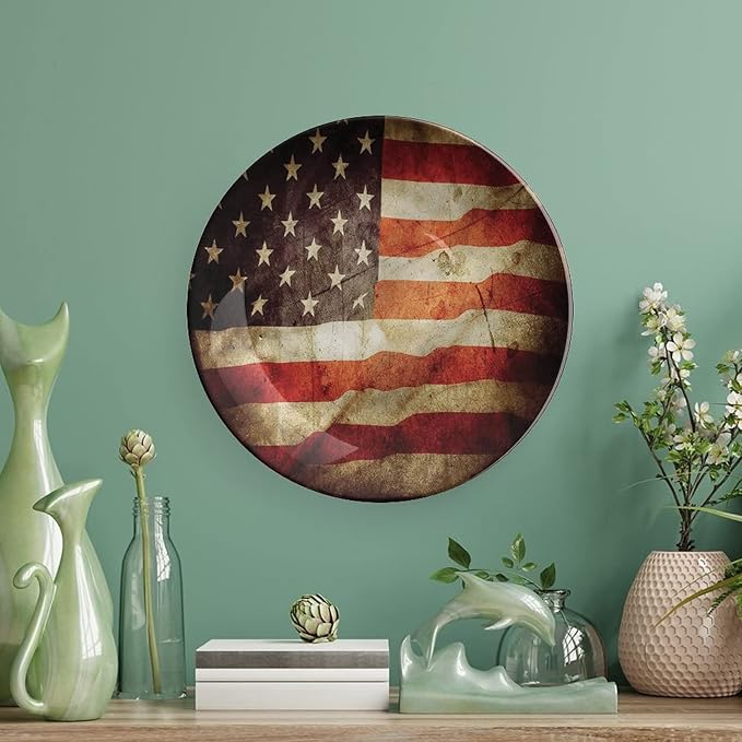 Decorative Plates, American Flag Print Ornament, Grunge Look Patriotic, 6 Inch, Kitchen Wall Decor, Multicolor
