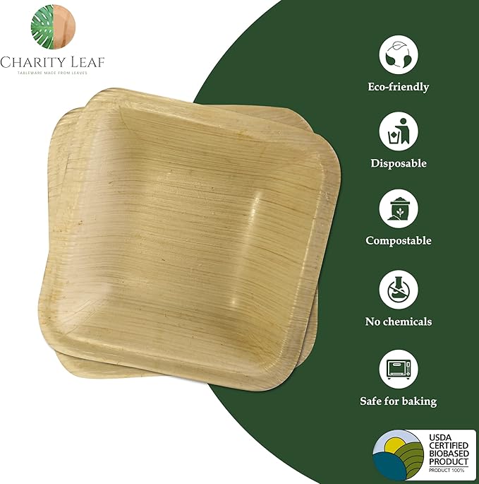 Charity Leaf Disposable Palm Leaf 3.5" Square Mini Bowl (100 pcs) Dipping Bowls | Bamboo Like| All Natural and Biodegradable | Charcuterie Boards, BBQs, and Parties