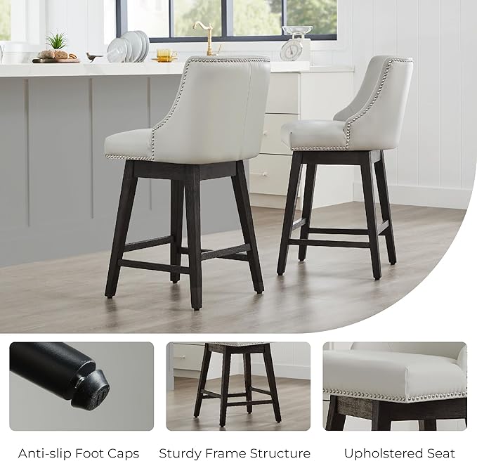 CHITA Counter Height Swivel Bar Stools Set of 4, FSC Certified Upholstered Counter Stools, Modern Swivel Barstools with Wood Legs for Kitchen Island, 26" Seat Height, Faux Leather in Creamy Grey