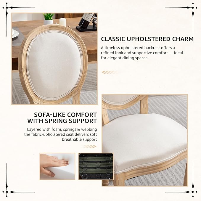 Vintage French Dining Chairs Set of 8, Round Back Accent Chairs with Linen Seat and Solid Wood Frame, Farmhouse Sillas de Comedor Upholstered for Dining Room & Kitchen, Beige
