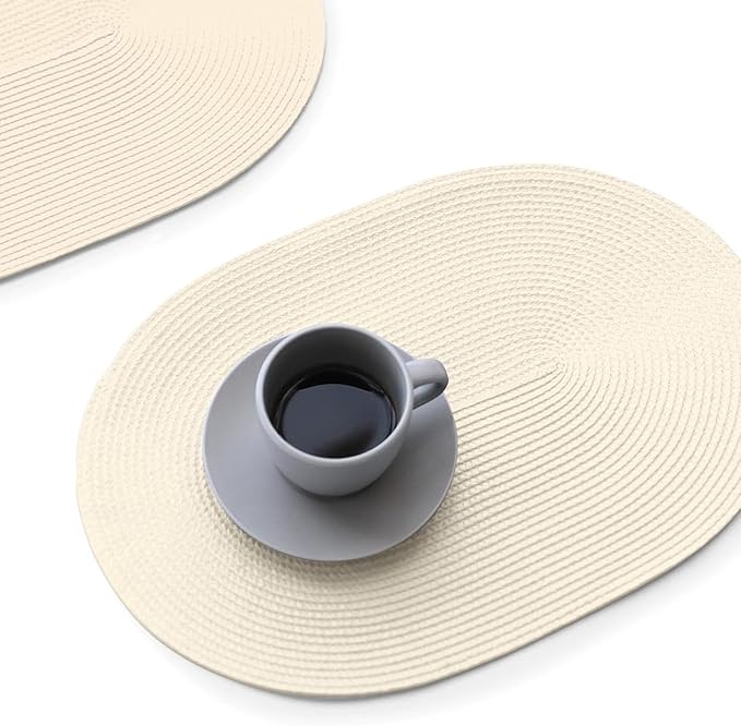 FunWheat Oval Braided Placemats Set of 4 Table Mats for Dining Tables Washable Heat Resistant Place Mats for Indoor Outdoor Use 12 x18 Inch(Oval Beige, 4pcs)