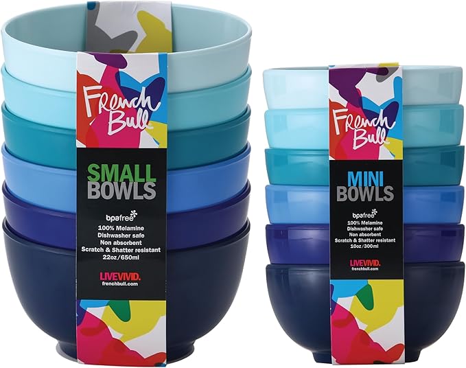 French Bull Melamine Small Bowls, 6-Piece Set, Small Serving Bowl – Snack, Condiment, Dip, Dessert, Ice Cream – Shatter Proof, Food-Safe, BPA Free, Dishwasher Safe, 5.5” 22 oz - Shades of Blue