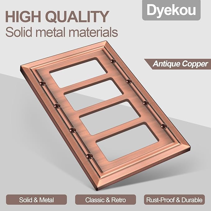 Metal Wall Plate for Electrical Outlets, Decorative Antique Copper Switch Plates Outlet Cover, Light Switch Cover Plate, 4-Gang Wall Plates (Quad Decorator, 1 Pack)