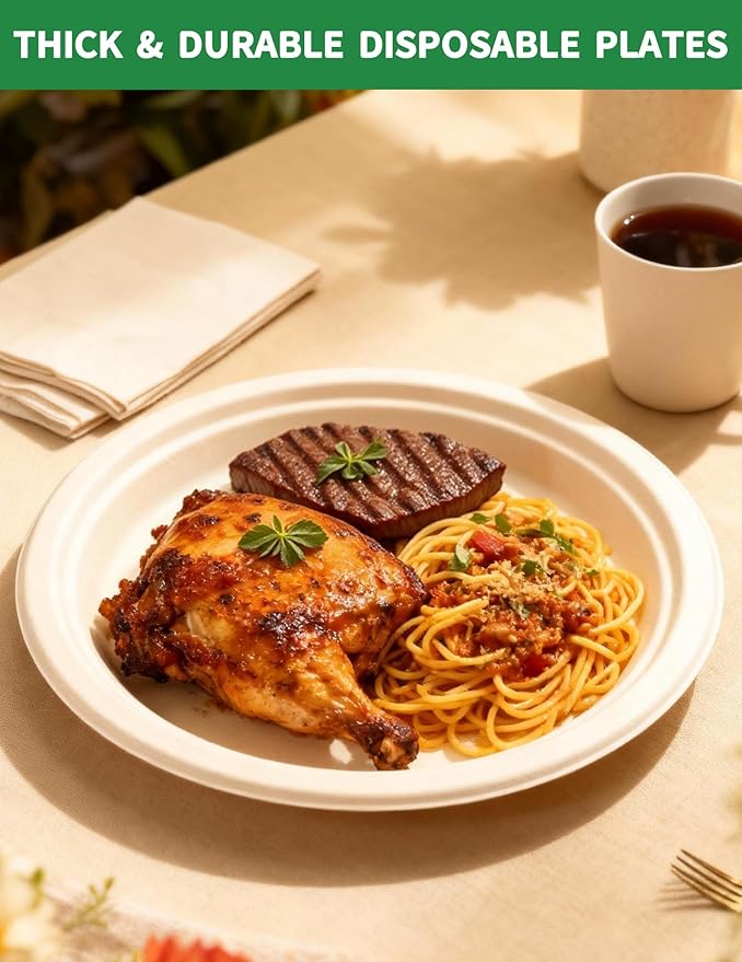 100% Compostable 9 Inch Paper Plates [150-Pack] - Heavy Duty Disposable Dinner Plates Made of Natural Bagasse, Biodegradable & Eco-Friendly for Parties, Wedding, Catering
