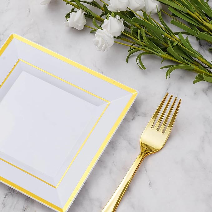 Goodluck 120PCS 6.5" Square Gold Dessert Plastic Plates with 7.4" Forks, Gold Appetizer Plates for 60 Guests, Including 60 Disposable Cake Plastic Plates and 60 Forks for Wedding/Birthday Party