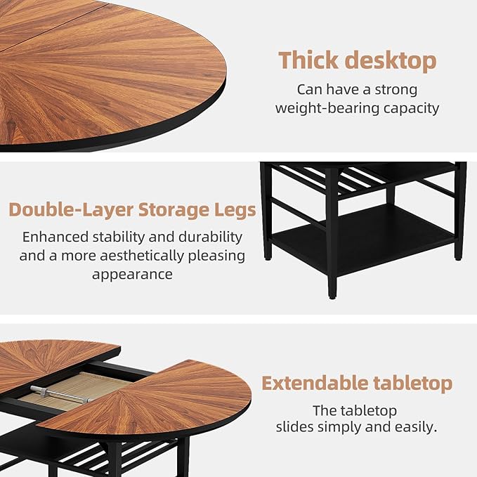 VFK 47.2"-63" Extendable Round Dining Table Set for 4–6, Solid Wood & Metal Table with Wine Rack Storage Shelf, Walnut Kitchen Furniture with 6 Upholstered Chairs (Storage Table and 6 Black Chairs)