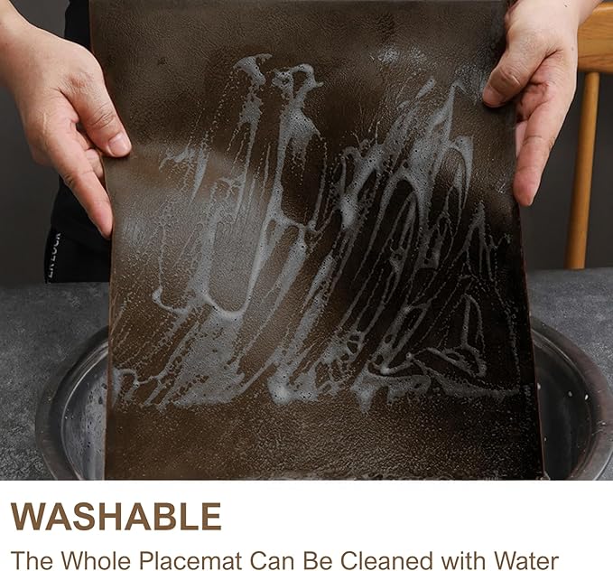 Premium Faux Leather Placemats Set of 6 – Waterproof, Heat-Resistant, Reversible & Non-Slip Table Mats for Kitchen, Dining, Indoor/Outdoor Use (Black Brown)