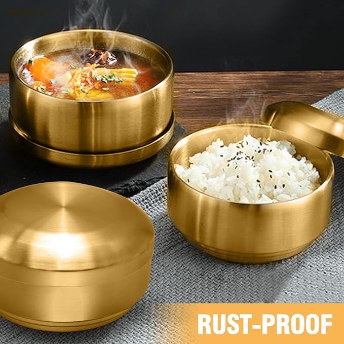 Stainless Steel Rice Bowl with Lid, Set of 2, for Korean Kitchen Restaurant, Double-walled Metal Bowls, Multi-Purpose Insulated Soup Bowls Snacks Bowls (11.5cm Gold)
