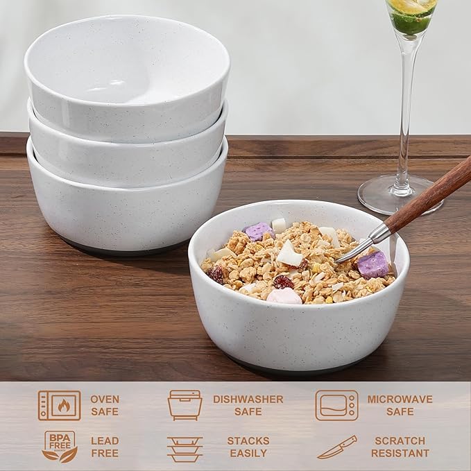 Cereal Bowls Set of 4,Ceramic Bowls for Kitchen,6 Inch Stoneware Bowls, Round Porcelain Pasta Bowl,Dishwasher&Microwave Safe,White(Brown Bottom)