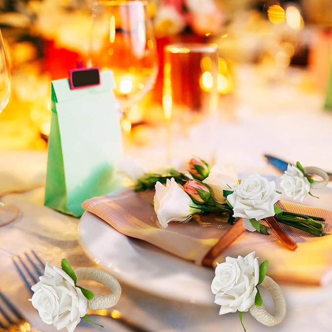 Set of 24 White Rose Napkin Rings - Handicraft Napkin Holder Table Decor for Wedding, Thanksgiving, Banquet, Christmas, Birthday Party