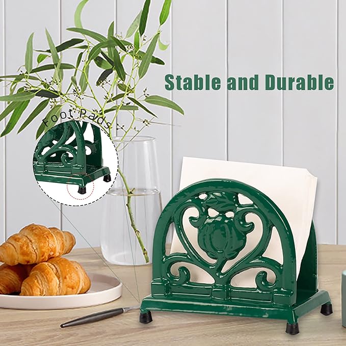 Napkin Holder for Table - Vintage Farmhouse Kitchen Restaurant Cast Iron Napkin Holder for Dinner Cocktail Paper Napkins, Green