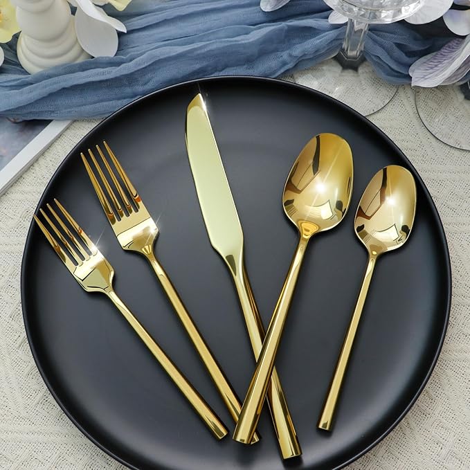 Silverware Set 60-Piece Stainless Steel Cutlery, Mirror Polishing Utensils, Gold Hexagon Flatware Sets, Service for 12