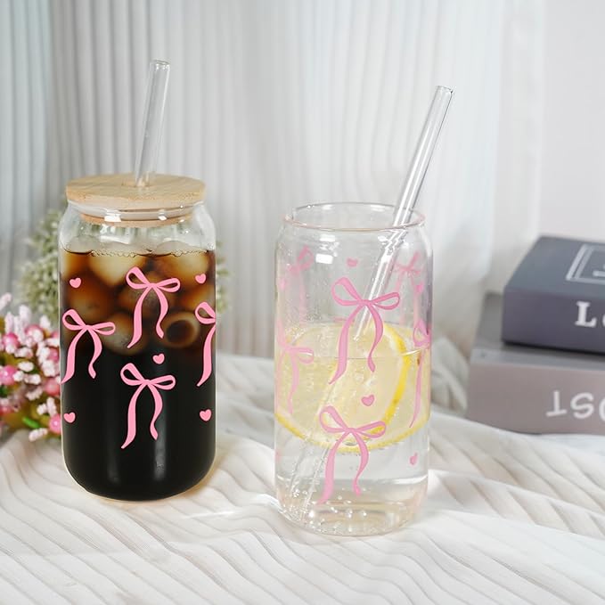Mason Life Coquette Pink Glass Cups 18OZ Cute Bow Tumbler Glass Cup with Keychain and Straw Cover Valentines Day Galentines Gift for Iced Coffee Smoothie Cocktail Matcha Teen Girls Preppy Stuff
