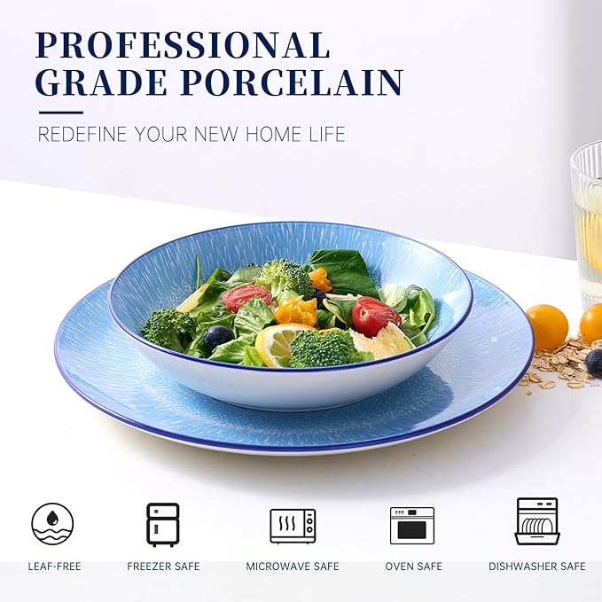 Bestone 12-Piece Round Porcelain Dinnerware Set, Service for 4, Chip Resistant Plates and Bowls,Blue, Dishwasher & Microwave Safe for Home Daily Use