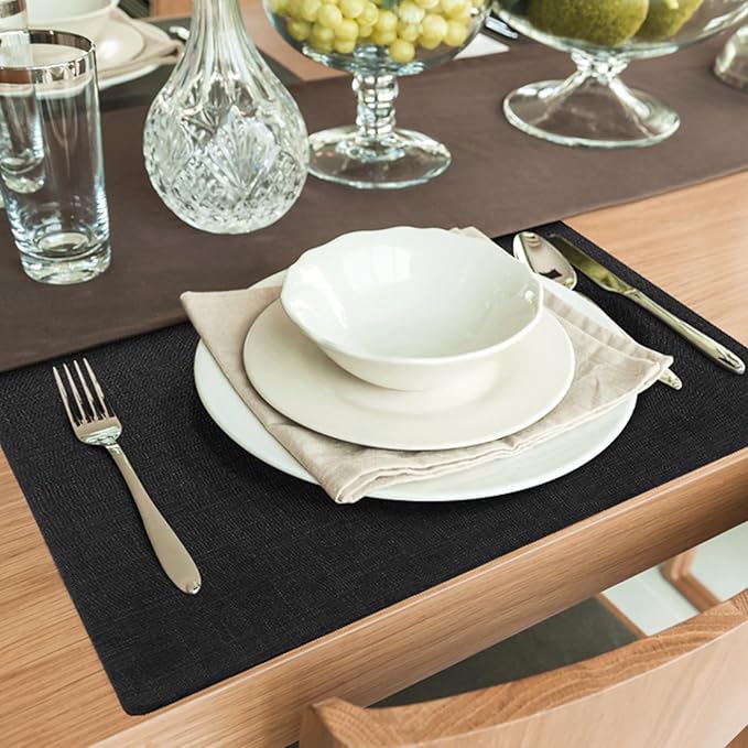 homing Cotton Linen Placemats Set of 8, Cloth Washable Farmhouse Dining Table Mats for Indoors & Outdoors, Easy to Clean, Black, 13 x 19 Inch