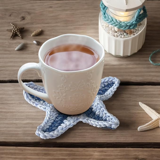 UMIRRO Handwoven Drink Coasters for Coffee Table, Ocean Themed Gifts for Beach Lovers, Coastal Kitchen Decor for Home - Blue Starfish, Set of 2