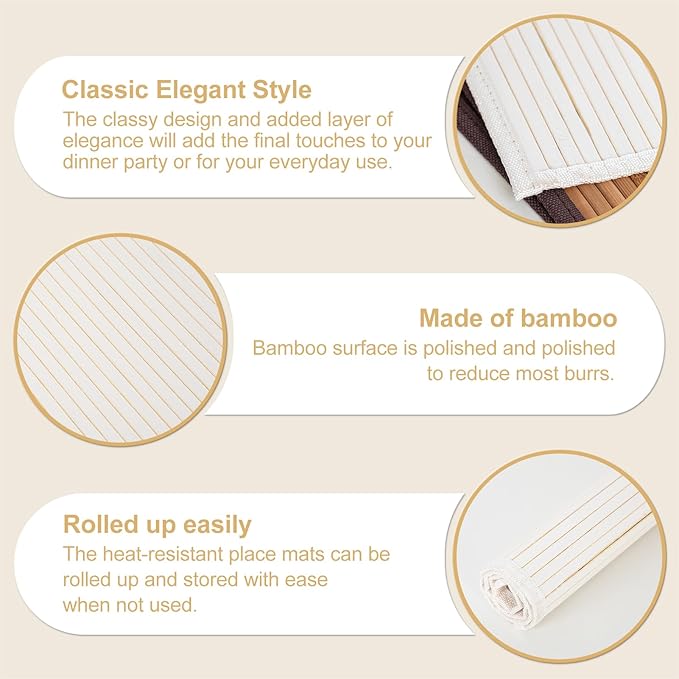 Bamboo Placemats with Fabric Border Set of 8 Natural Bamboo Rectangular Rolling Table Mats for Dining Kitchen Table Heat Resistant Table Protection White