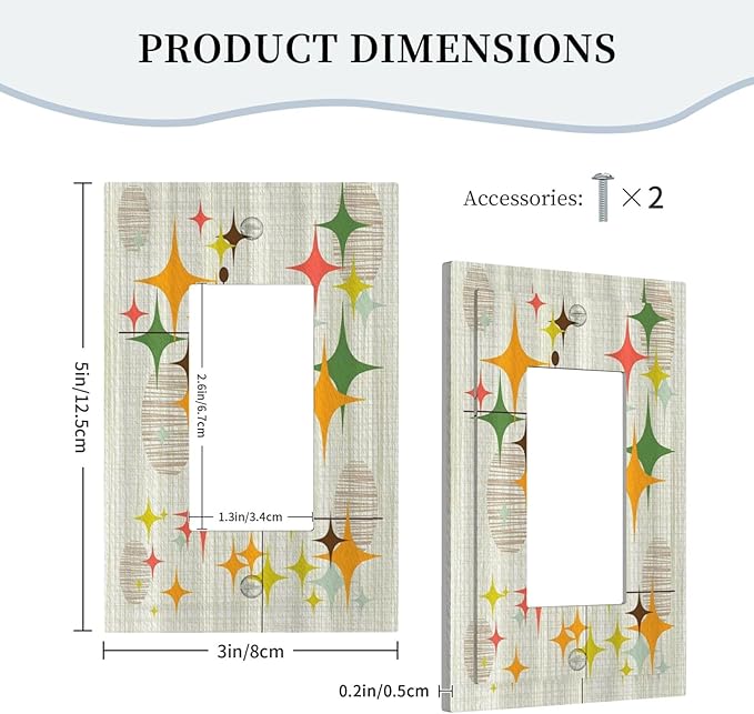Outlet Covers Mid Century Modern Retro Stars 1 Gang Wall Plate Single Rocker Light Switch Cover Decorative GFCI Receptacle Electrical Switchplate for Bathroom Bedroom Decor（2 Pack）