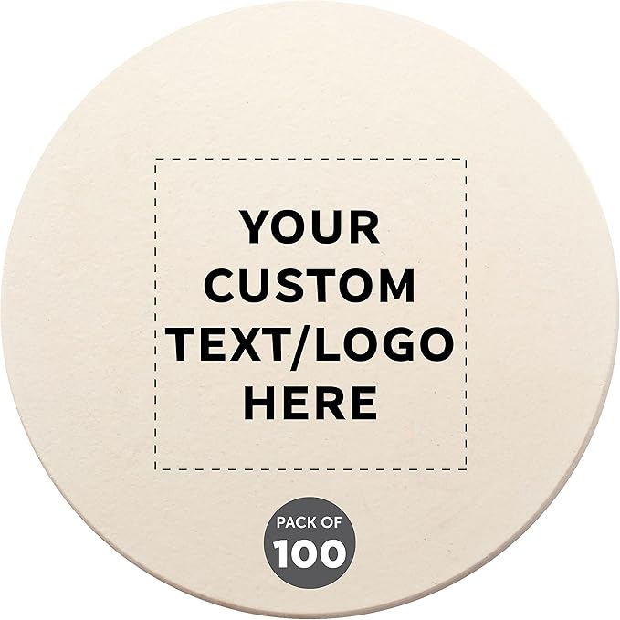 DISCOUNT PROMOS Custom Ceramic Coasters Set of 100, Personalized Bulk Pack - 4 Inches with Cork Bottom Pad, Perfect for Hotel, Bar, Restaurant - Natural