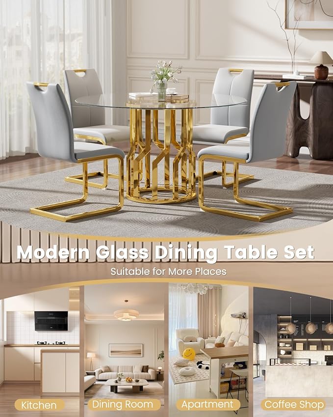47.2" Round Glass Dining Table Set for 4, Modern 5 Piece Kitchen Table Set with Gold Stainless Steel Base & 4 PU Leather Accent Chairs, Saving Space, Dining Set for Apartment, Home - Grey Chair