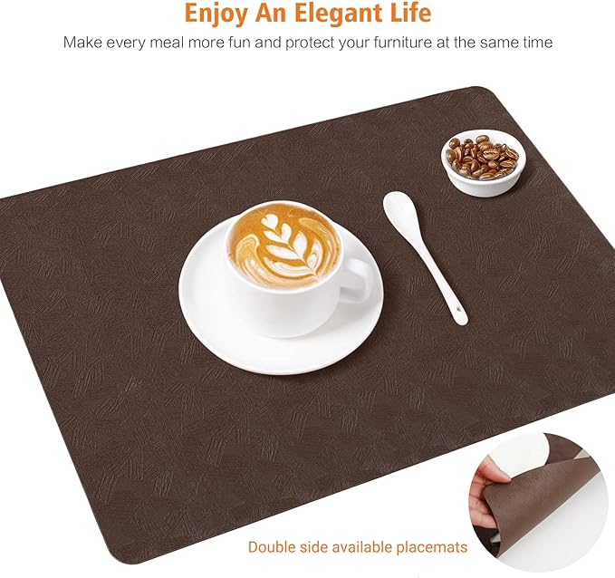 Vinyl Placemats Set of 12 Heat Resistant Easy Clean Non-Slip Place Mats for Dining Table Faux Leather Waterproof Stain Resistant Wipeable Washable PVC Table Mats(12, Brown)