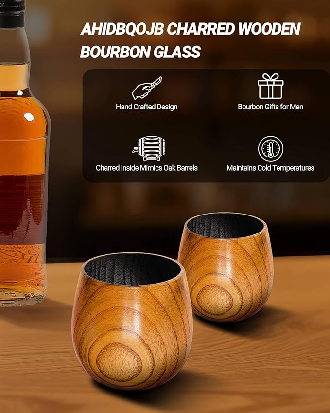 Wooden Bourbon Drinking Glass - Charred Wooden Whiskey Cup - Whiskey Glass for Men - Bourbon Gifts for Men Who Have Everything - Birthday Gifts for Dad Husband Boyfriend or Brother (2 Pack)