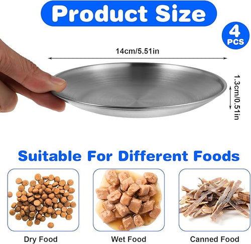 4Pcs Stainless Steel Cat Dishes for Food and Water, Flat Wide Shallow Cat Bowl, 5.51in Cats Food Plate for Kitten Puppy Small Dog Feeding