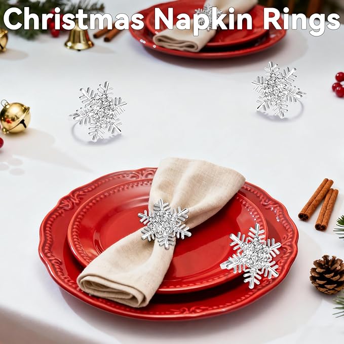 ZeeDix Christmas Silver Snowflake Napkin Rings Set of 12, Napkins Ring for Dinning Table - Rustic Dinner Tables Decoration for Wedding Receptions Christmas Thanksgiving Holiday Party Dinner Parties