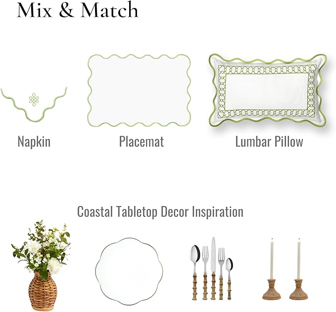 Hofdeco Premium Coastal Patio Indoor Outdoor Placemat Set of 4, 14"x19" Double-Layered, Waterproof Cloth Placemat for Kitchen or Dining Table. Green Embroidered Solid A