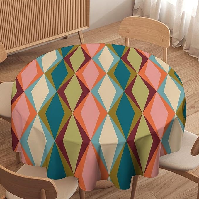 Abstract Geometric Boho Round Tablecloth, Retro Modern Mid Century Tablecloth for Home Party Dining Room Kitchen Decor 50Inch(127cm)