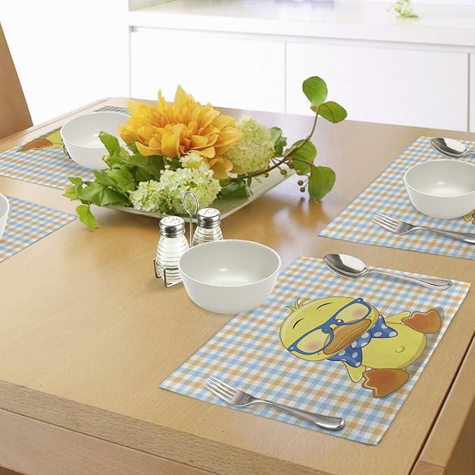 Ambesonne Cartoon Place Mats Set of 4, Hipster Boho Duck Dotted Bow Cool Free Smart Geese Design, Washable Fabric Placemats for Dining Table, Standard Size, Orange Yellow