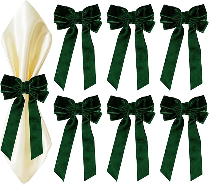Bow Napkin Rings for Christmas, Wedding, Party, Holiday Table Decor (Dark Green, 6 pcs)