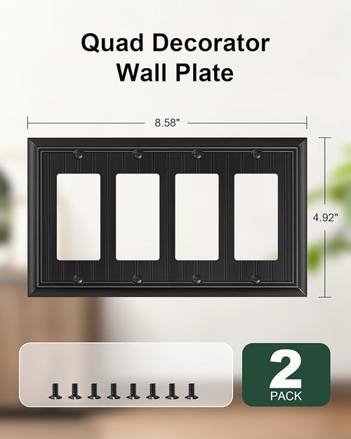 2-Pack Classic Beadboard Double Duplex Outlet Cover, Matte Black Decorative Switch Plates and Outlet Covers for Electrical Outlets, Durable Natural Bamboo Fiber Wall Plates, 2 Gang Receptacle Cover