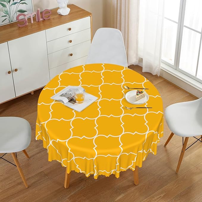 Laeacco 42 Inch Morocco Round Tablecloth Orange Geometric Lattice Modern Abstract Art Print Table Cloth Washable Waterproof Wrinkle Free Table Cover for Kitchen Dining Picnic Party Decoration