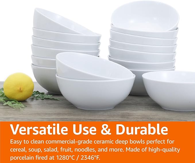 Amazon Basics 16-Pack White Porcelain Coupe Bowl, 5.9" diameter, Round, Microwave-safe, Commercial-grade